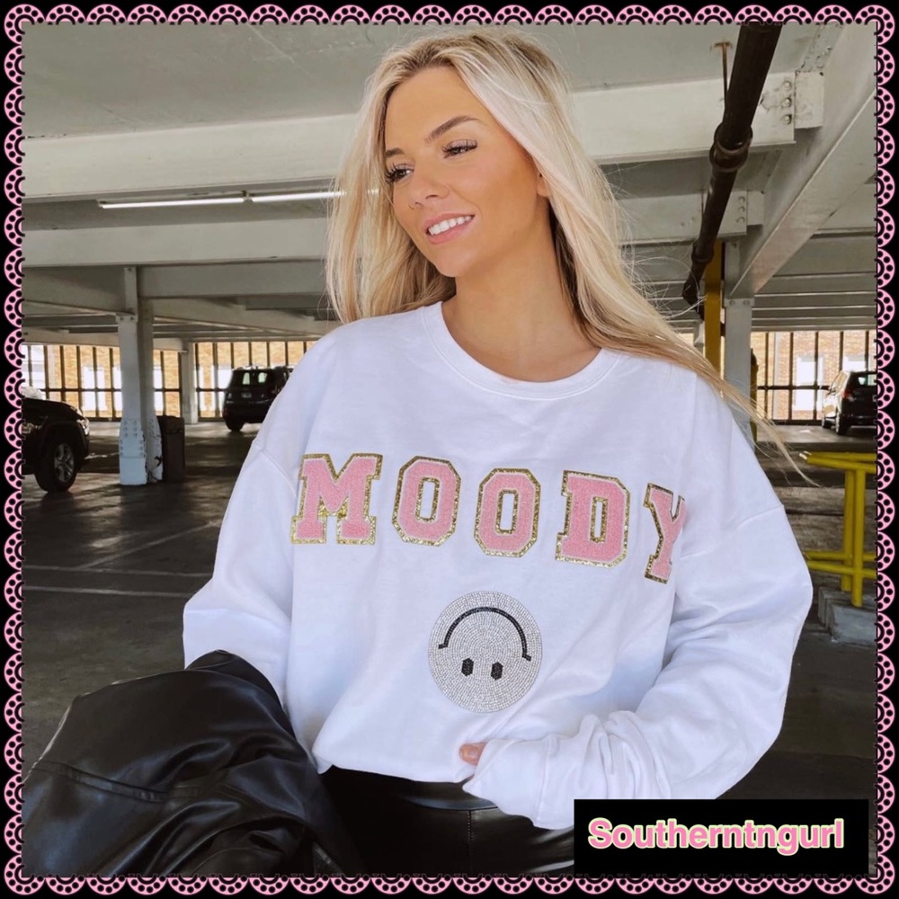 COMING SOON✳️MOODY✳️Patchwork Crew Neck  Rhinestone Smiley Face Sweatshirt - Picture 3 of 3
